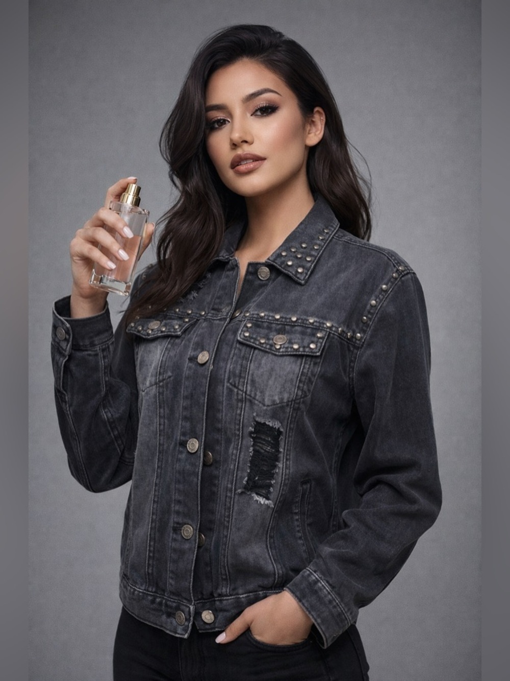 Love Tree Studded black distressed denim jacket size S
